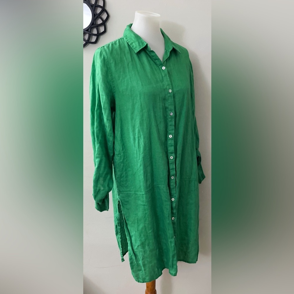 Tahari Linen Shirt Dress Green Chic Boho Coastal Vacation Festival Preppy - Picture 4 of 6
